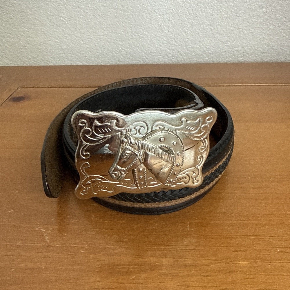 Nocona Youth Western Leather Belt Brown Black Braided Horse Head Buckle Size-22